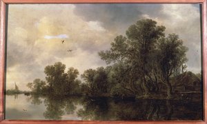 Paysage fluvial boisé, avec des paysans dans une barque à rames près d