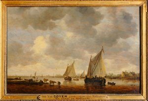 Deux grandes barques à voiles sur un fleuve et bestiaux près de la rive - Two large sailboats on a river and animals on the banks … - Jan Josephsz van Goyen