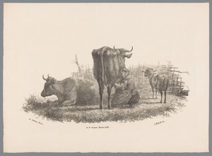 Fermière trayant une vache, deux vaches et un bélier (Beesten Studien door J. Kobell naar Paul Potter Nr. 1) - Jan Kobell (III)