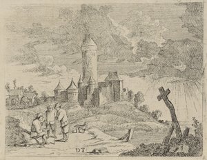 Paysage avec château et trois hommes - Jan Lauwryn Krafft (I) (possibly)