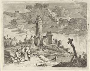 Paysage avec château et trois hommes - Jan Lauwryn Krafft (I) (possibly)