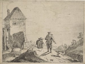 Deux paysans avec un chien sur un chemin de campagne