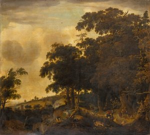 Paysage boisé avec des bûcherons - Jan Looten