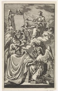 Figure féminine allégorique décrivant un panneau dans les nuages - Jan Luyken