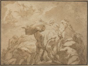 Bataille des dieux et des géants du mont Olympe et du mont Othrys (plume et encre brune avec lavis brun sur papier vergé)