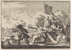 Siège de Groningue avec une bénédiction de canon par six moines, 1672 - Jan Luyken