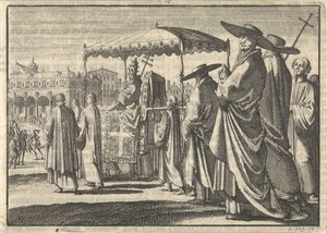 Christian IV, roi du Danemark, déguisé en pape, imitant une procession avec ses courtisans, 1596
