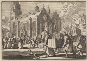 Les habitants de Spire apportent en toute confiance leurs meubles à la cathédrale où ils sont ensuite brûlés par le général français Monclar, 1689 - Jan Luyken