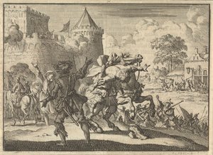 Le commandant impérial Dampier tombe de son cheval après un tir depuis les murs de Presbourg (Bratislava), 1620 - Jan Luyken