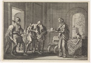 Une mère montre aux guerriers les restes de son enfant mangé pendant la famine à Jérusalem, 1704 - Jan Luyken