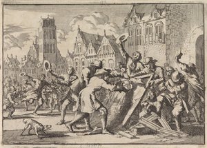 Émeute à Dordrecht où une image de Cornelis de Witt est détruite par le peuple, 1672 - Jan Luyken