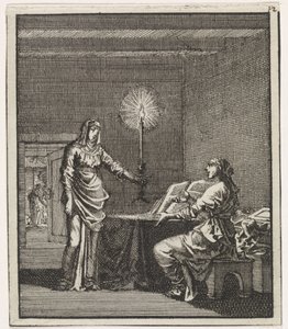 Femme éclairant une femme lisant dans une pièce sombre avec une bougie - Jan Luyken