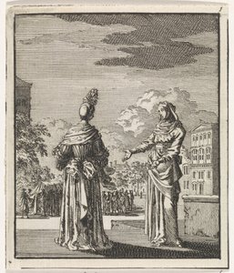 Femme montrant à une dame un cortège funèbre passant - Jan Luyken