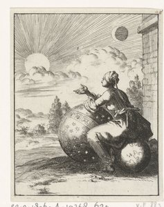 Femme assise sur un globe terrestre et appuyée sur un globe céleste regardant le coucher du soleil - Jan Luyken