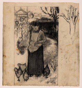 Annie Mankes-Zernike nourrissant des poules, à droite : études d