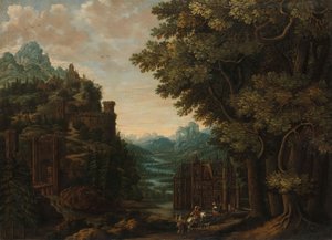 Paysage montagneux avec vallée fluviale et châteaux