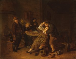Intérieur de taverne avec un rustre festoyant avec une fille