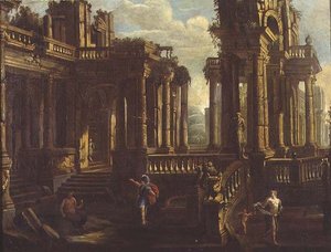 Un capriccio de ruines classiques avec un guerrier, un satyre et Cupidon poursuivant une nymphe - Jan Peeters