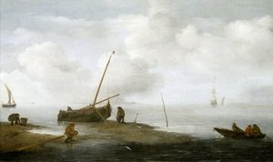 Pêche aux moules, un bateau de pêche sur le rivage, et trois hommes occupés à ramasser des moules dans leurs paniers. Huile sur toile 1622, par Jan Porcellis (1580-1632). - Jan Porcellis