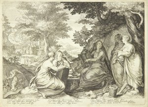 Les vierges sages réunies dans un paysage, en arrière-plan Jean-Baptiste prêchant