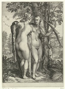 Diane et une nymphe devant un arbre