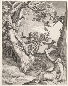 Élie dans le désert nourri par des corbeaux