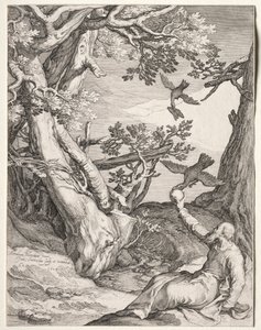 Élie dans le désert nourri par des corbeaux