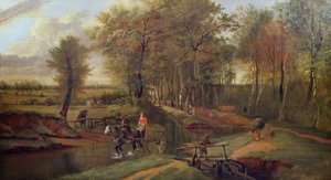 Paysage Fluvial Boisé avec Figures, Cheval et Charrette, 1692