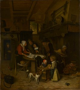 Scène dans une cuisine paysanne avec une servante qui étend le linge - Jan Steen