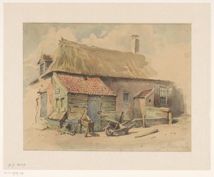Maison paysanne avec une annexe en bois, devant une brouette et une meule