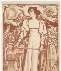 Travail pour la femme. Billets de la Nationale tentoonstelling van vrouwenarbeid à 50 cents sur le terrain et dans les dépôts disponibles. Premier prix un bijou d