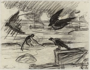 Vue de mer avec pêcheur, au premier plan une brouette avec des oiseaux