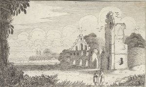 Paysage avec une église en ruines et deux bergers en conversation