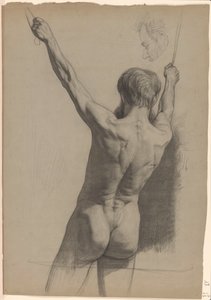 Nu masculin debout avec les bras levés, vu de dos