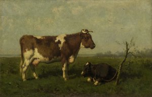 Une vache avec son veau dans un pré - Johannes Martinus Vrolijk