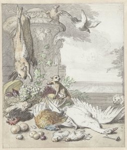 Gibier mort, un singe, un chien et quelques oiseaux