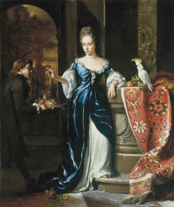 Portrait de Lodewina Schey en robe bleue, avec un assistant portant des fleurs