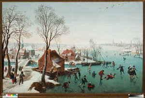 Décembre, patineurs sur un lac gelé