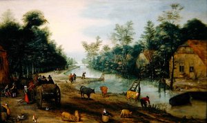 Paysage fluvial boisé en été avec des voyageurs arrivant à une auberge