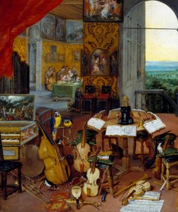 Détail représentant des instruments de musique (violoncelle, violon, luth, flûte, clavecin). Peinture de Jan Breugel l