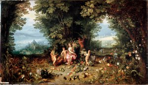 Les quatre éléments : La Terre. Allégorie. Vue du Paradis terrestre avec fruits, légumes, fleurs et animaux (y compris cochon d