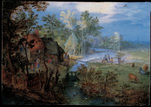 Village avec paysans et animaux