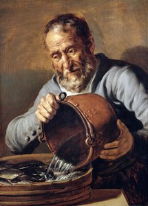 Eau et vieillesse : Poissonnier avec seau et bac de poissons