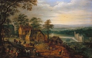 Rue de village avec figures et charrettes, un château entouré de douves en arrière-plan