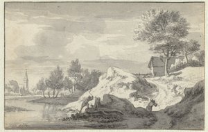 Paysage avec des personnages coupant du bois sur les rives d