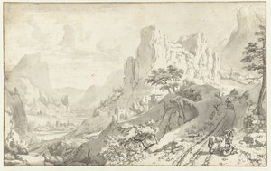 Paysage de montagne avec voyageurs sur une route