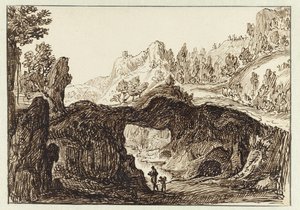 Paysage montagneux rocheux avec deux voyageurs au premier plan - Jan van Almeloveen