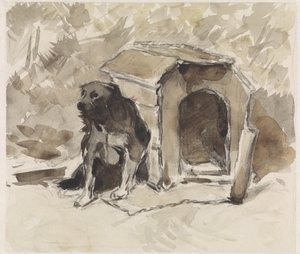 Chien, attaché, assis devant sa niche - Jan van Essen