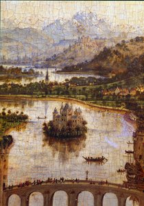 Paysage (détail) de « La Vierge du chancelier Rolin » Nicolas Rolin (1376-1461) était chancelier de Bourgogne sous Philippe le Bon et fondateur des Hospices de Beaune en 1443. Peinture de Jan van Eyck (1390-1441) - Jan van Eyck