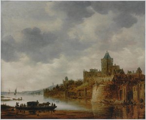 Néerlandais : Paysage de la rivière avec vue sur Valkhof, Nijmegen Paysage de la rivière avec vue sur Valkhof, Nijmegen - Jan van Goyen
